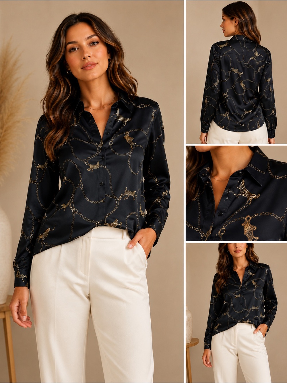 Chico’s Satin Chain & Leopard Print Button Down Blouse Navy Gold Size M *
